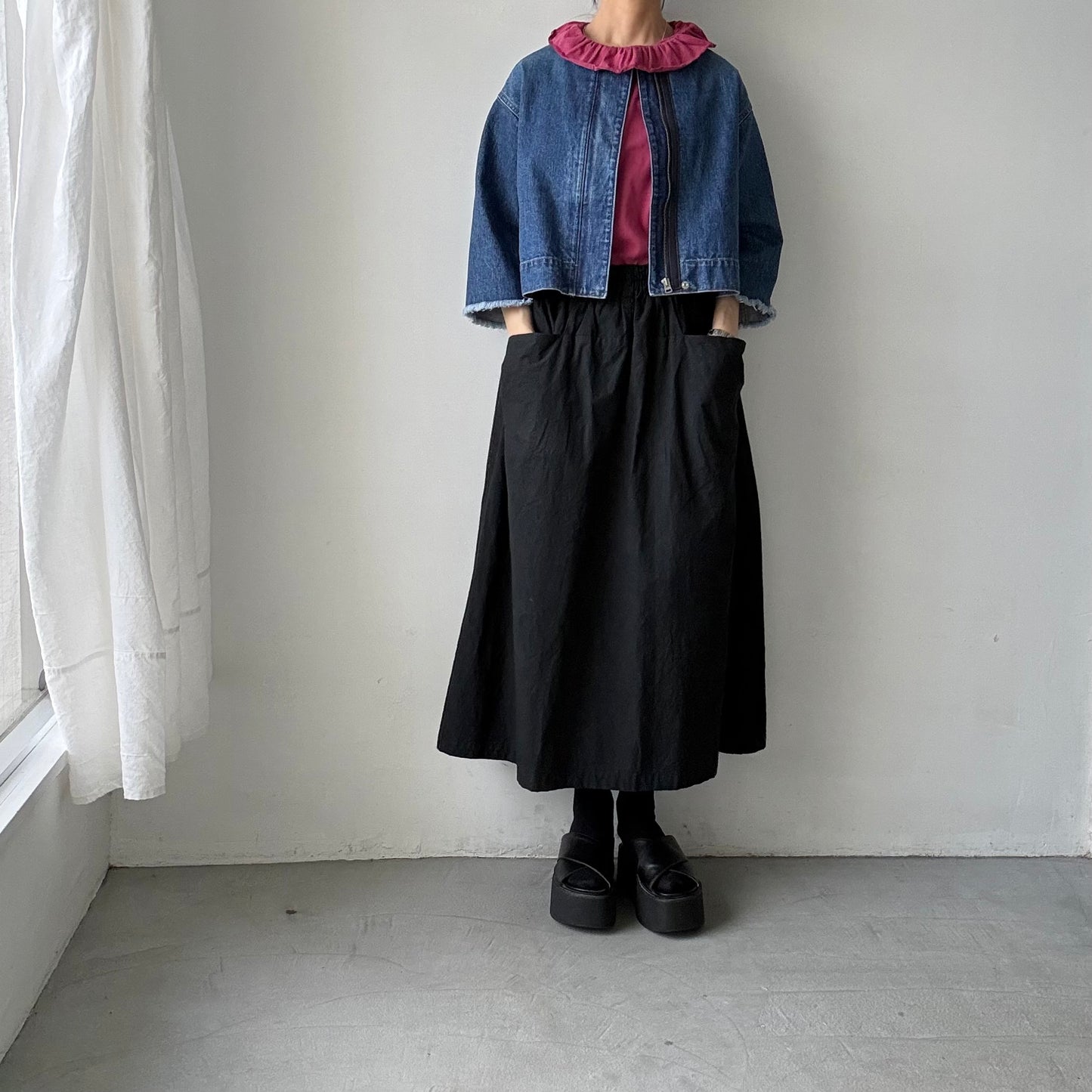 homspun 天竺フリルカラー半袖プルオーバー　ワイン