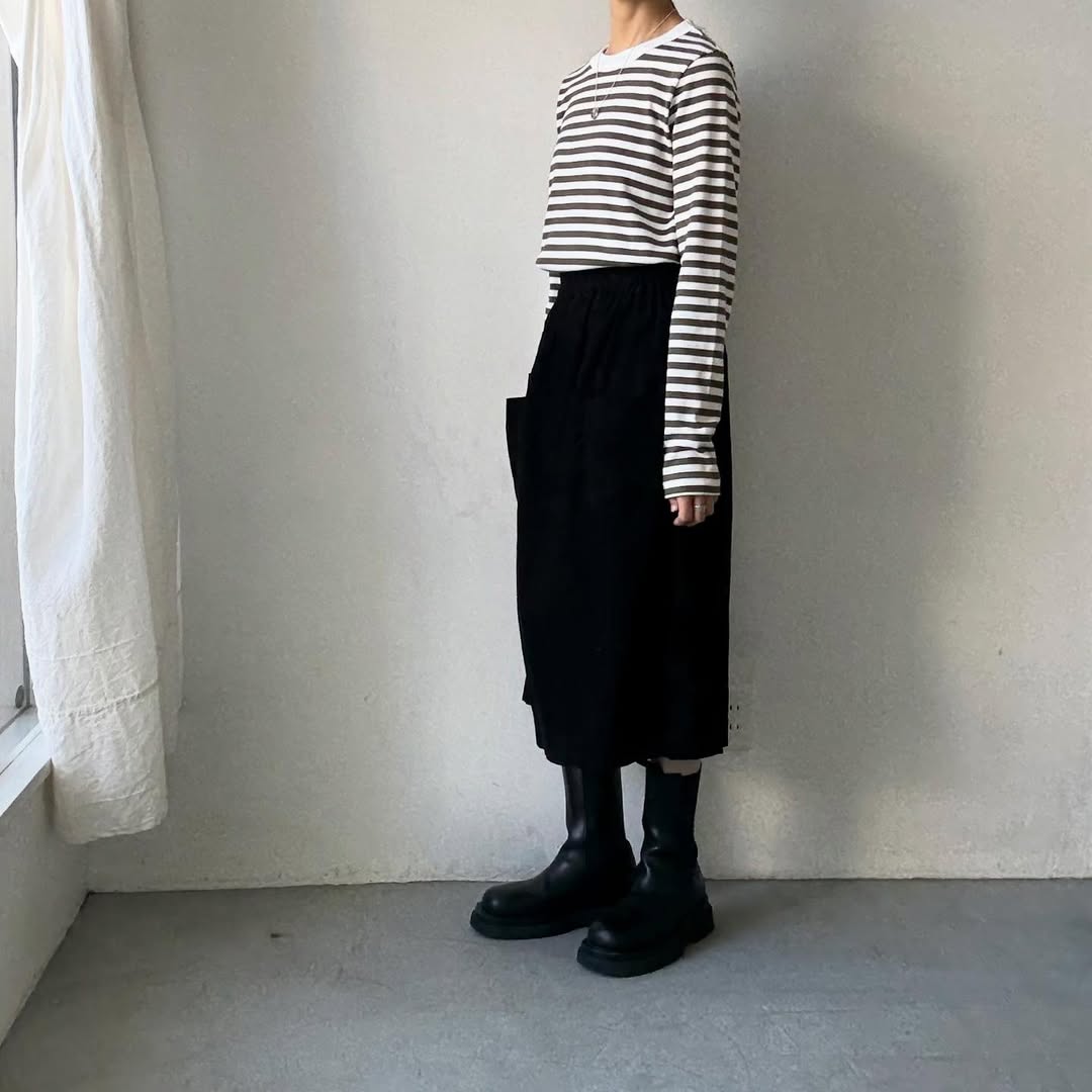 R&D.M.Co 裏起毛ボーダークルーネック長袖Tシャツ　ホワイト×カーキ