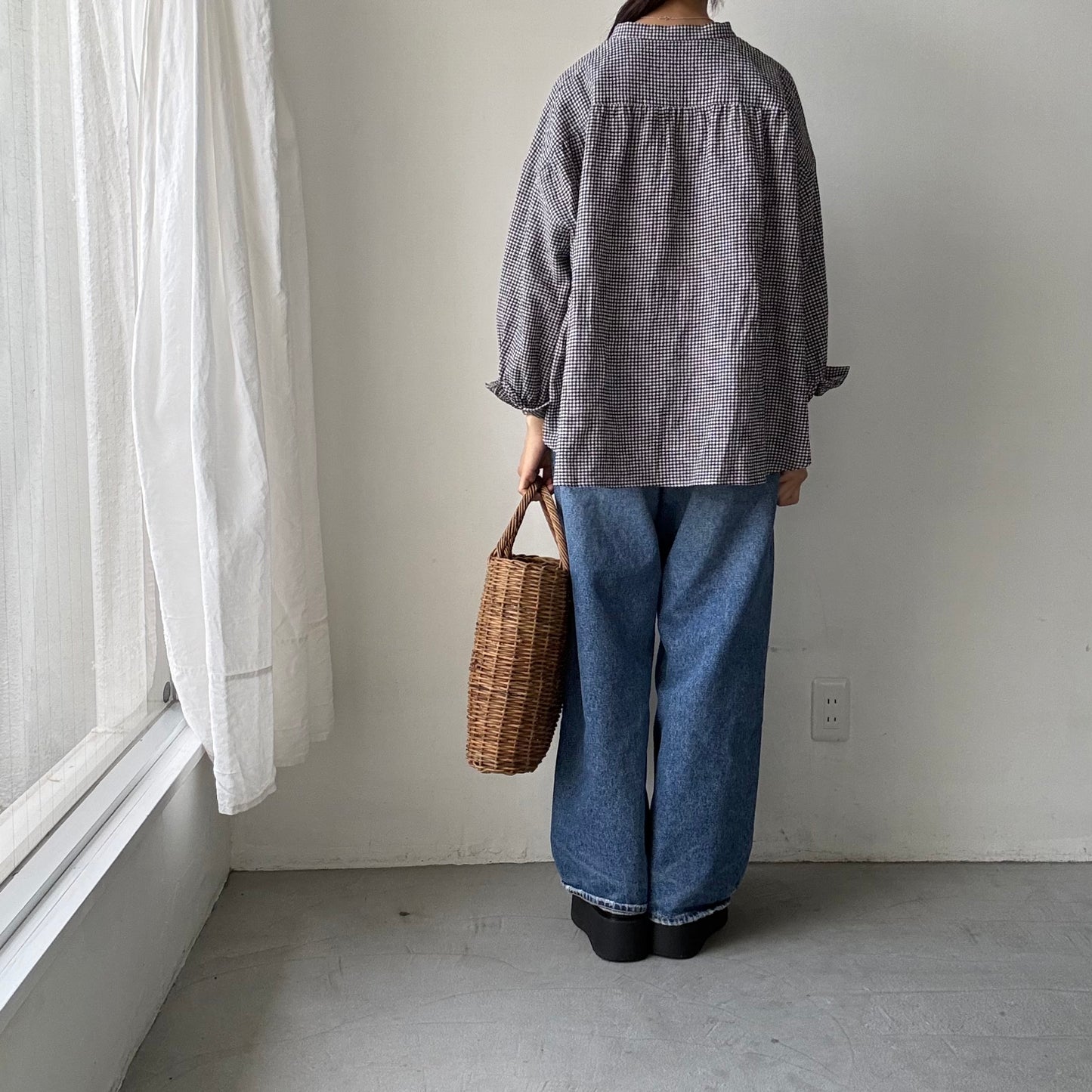 Linenya  リネンコットンギンガムバンドカラー長袖シャツ