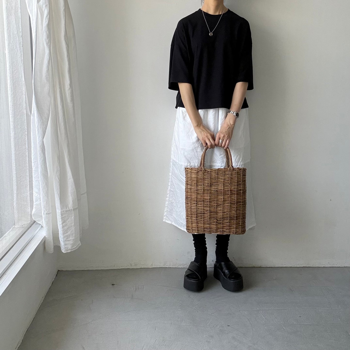 atelier naruse  コットン5分袖カットソー　ブラック