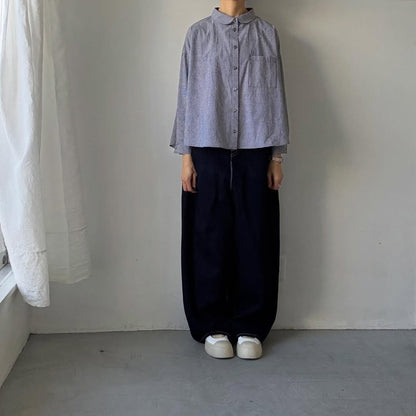 🟡週末入荷分予約受付中🟡Linenya  ギンガム丸襟長袖ブラウス　ホワイト×ブラック