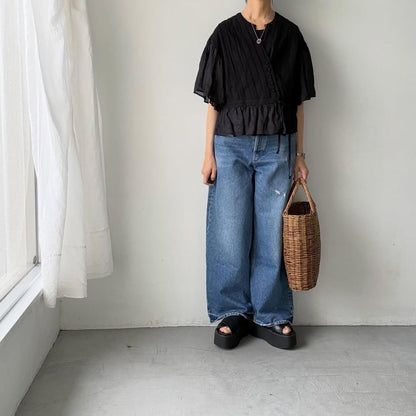 MAGALI コットンレースカシュクールブラウス　ブラック