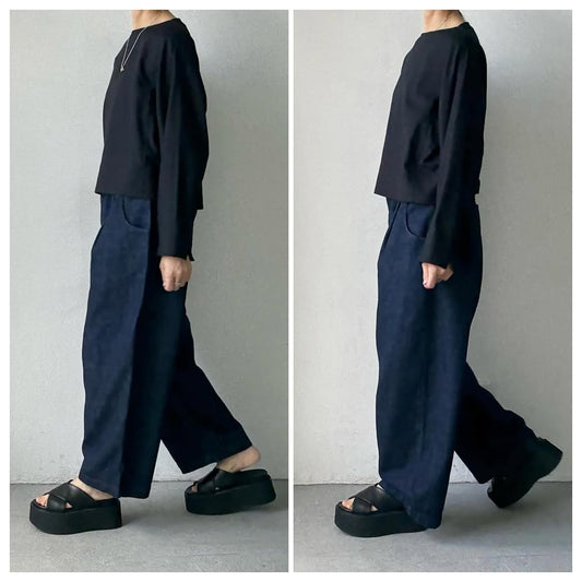 atelier naruse  コットンデニムタックパンツ　インディゴ