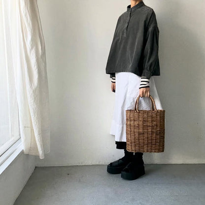 Linenya  長袖スタンドカラーブラウス　チャコール