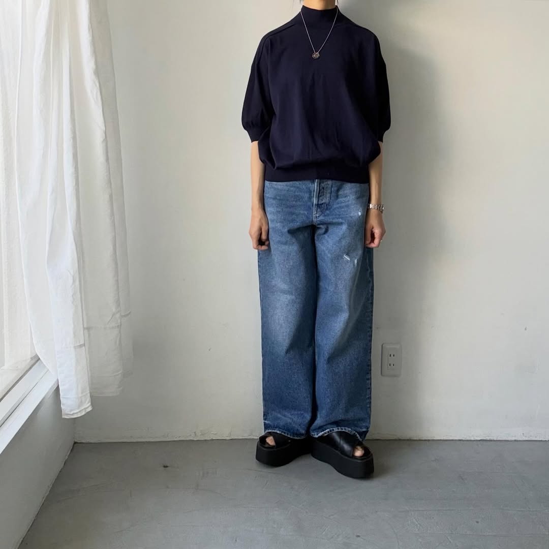 🟡木曜入荷分予約受付中🟡as it is   モックネックコットン5分袖ニット　ネイビー　