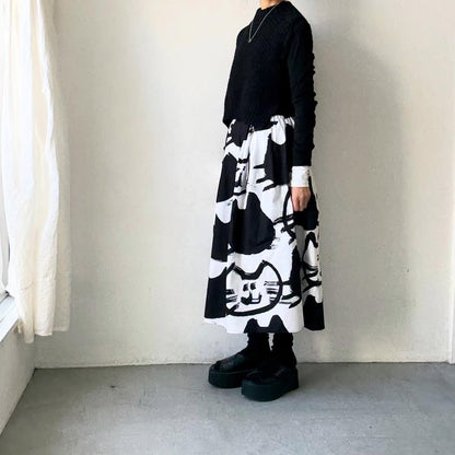 ayanoguchiaya　ネコ柄タックワイドスカート(blanc別注)