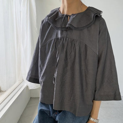 MAGALI コットンシルクブレイドフリルカラーブラウス　グレー