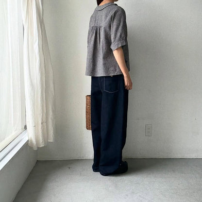 MAGALI リネンコットンギンガムフラットカラーブラウス