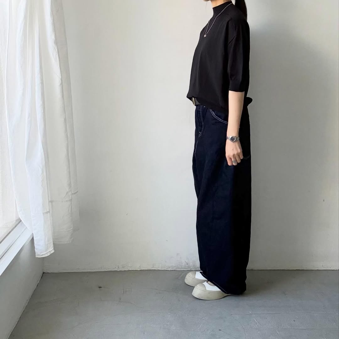 🟡木曜入荷分予約受付中🟡as it is   モックネックコットン5分袖ニット　ブラック　