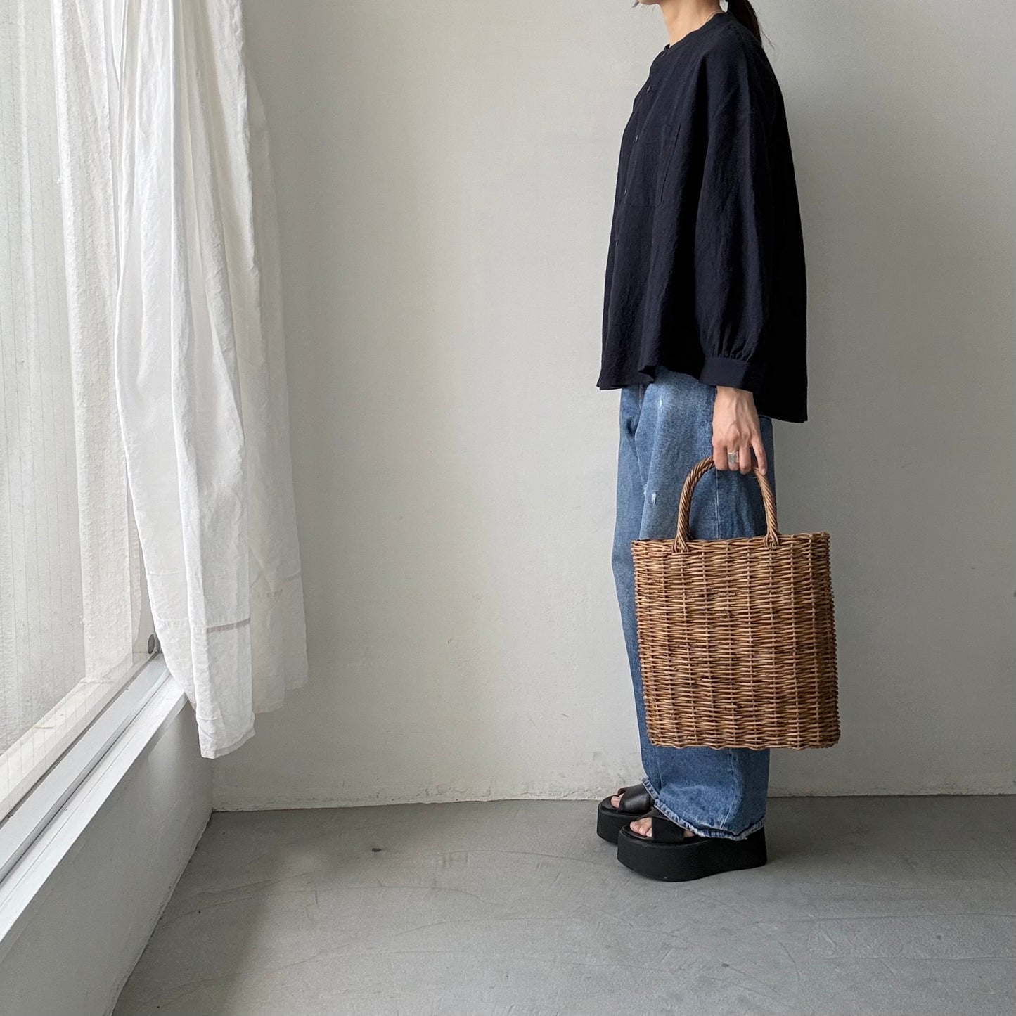 Linenya  リネンコットン千鳥格子バンドカラー長袖シャツ