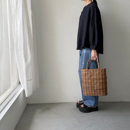 Linenya  リネンコットン千鳥格子バンドカラー長袖シャツ