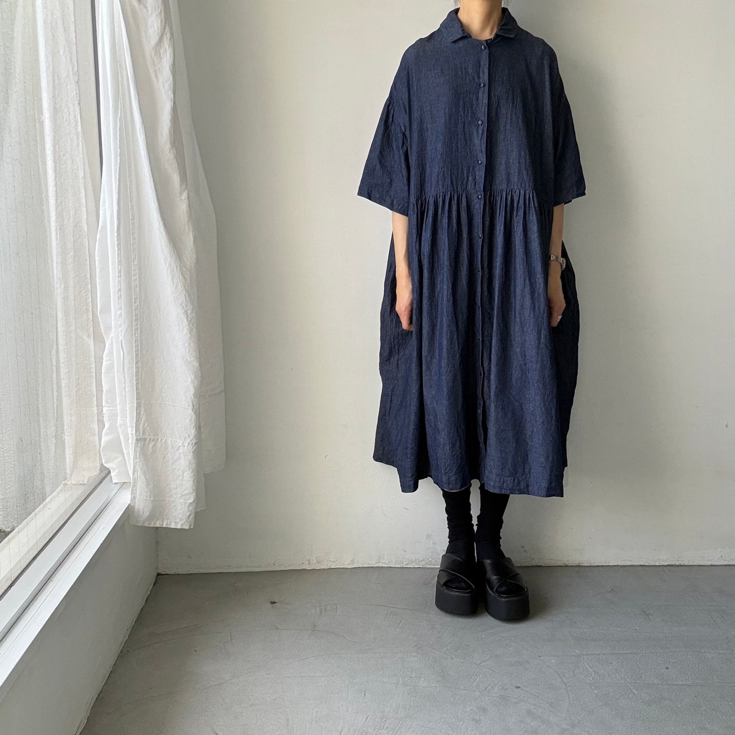 jujudhau  デニムハーフスリーブドレス