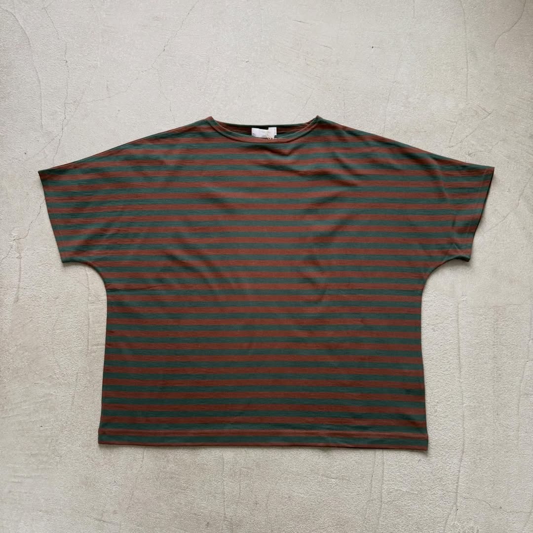 homspun  天竺ボーダー半袖プルオーバー　グリーン×ブラウン