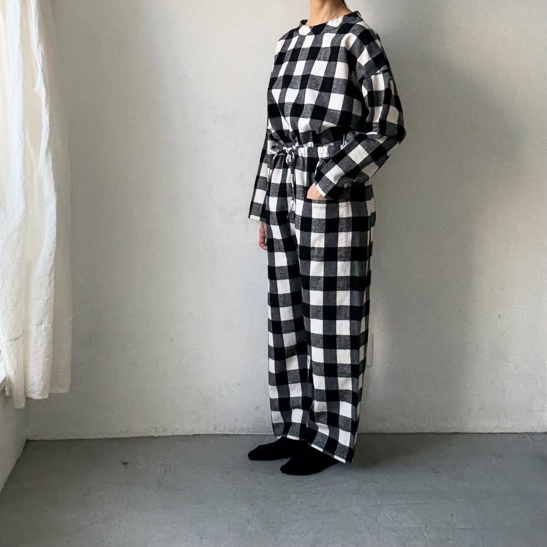 homspun ブロックチェックルームウェアセット　オフホワイト×ブラック