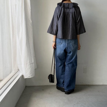 MAGALI コットンシルクブレイドフリルカラーブラウス　グレー