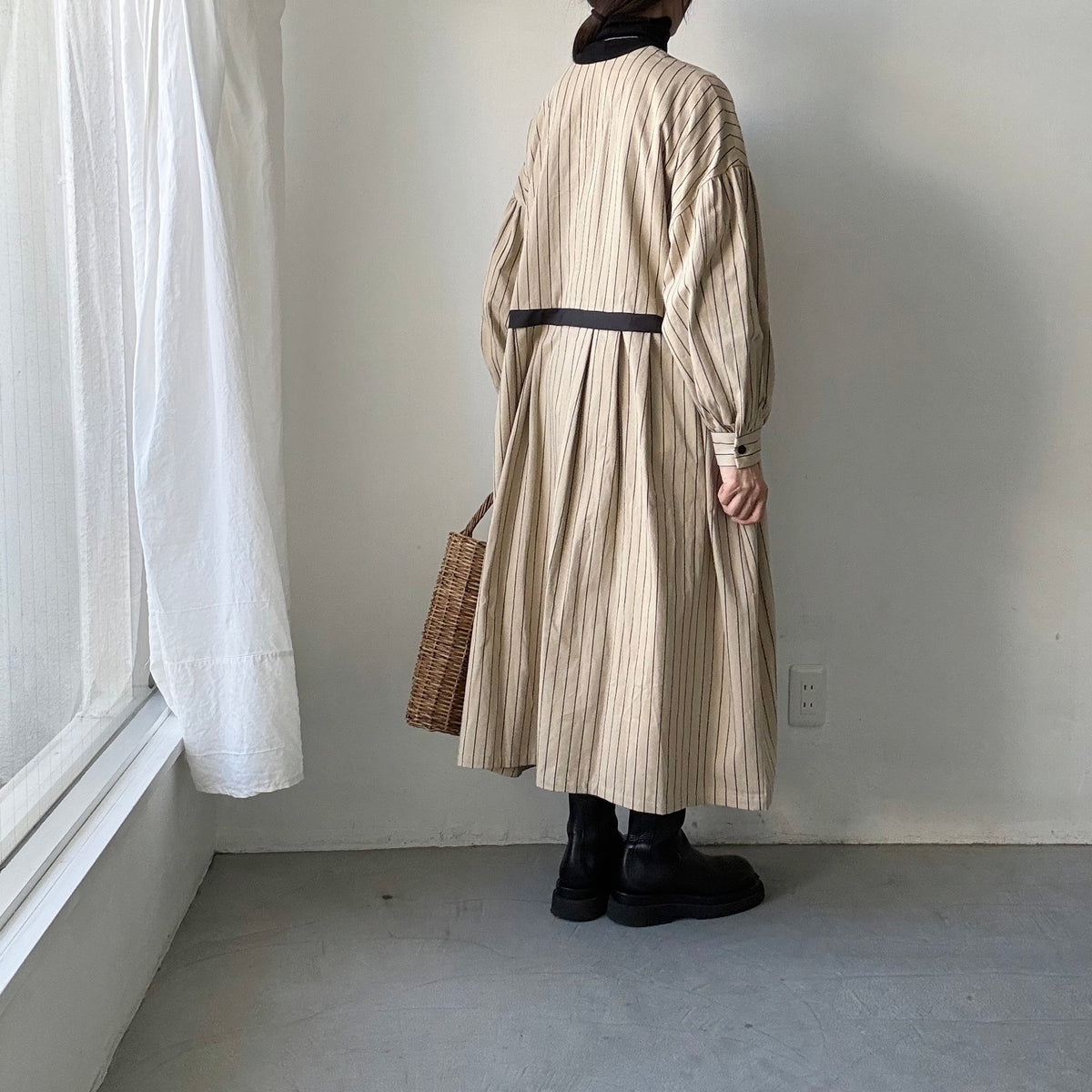 MAGALI コットンシルクストライプダブルボタンワンピース