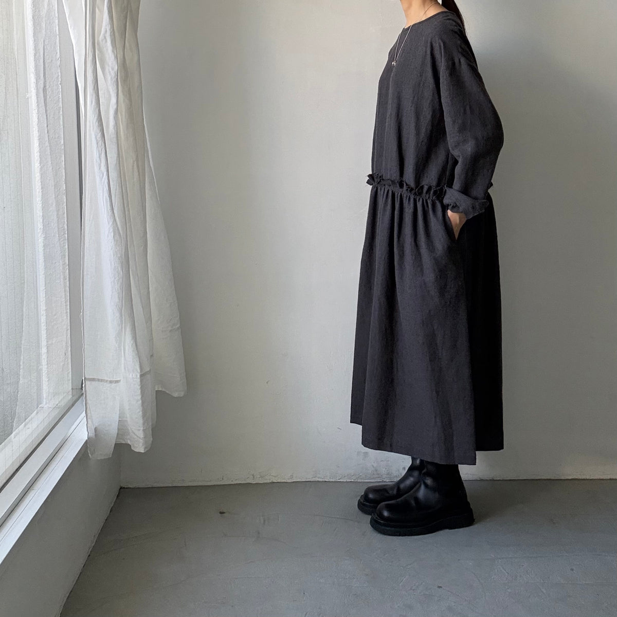 atelier naruse  ウールコットン千鳥チェックカットオフワンピース