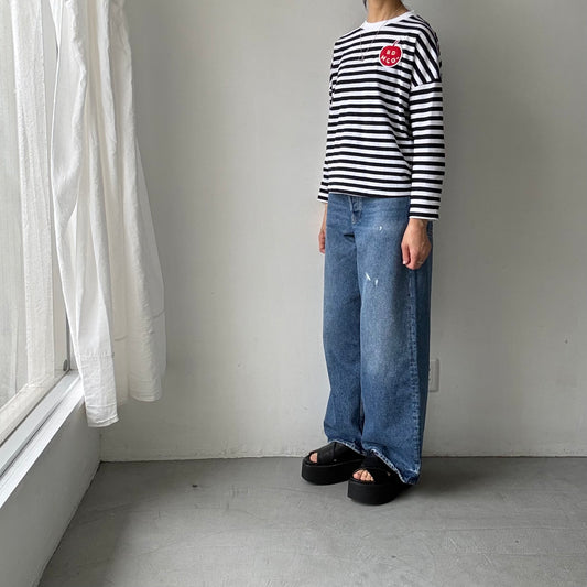 R&D.M.Co  ガーゼボーダードロップショルダーバックボタンシャツアップルパッチ　fat