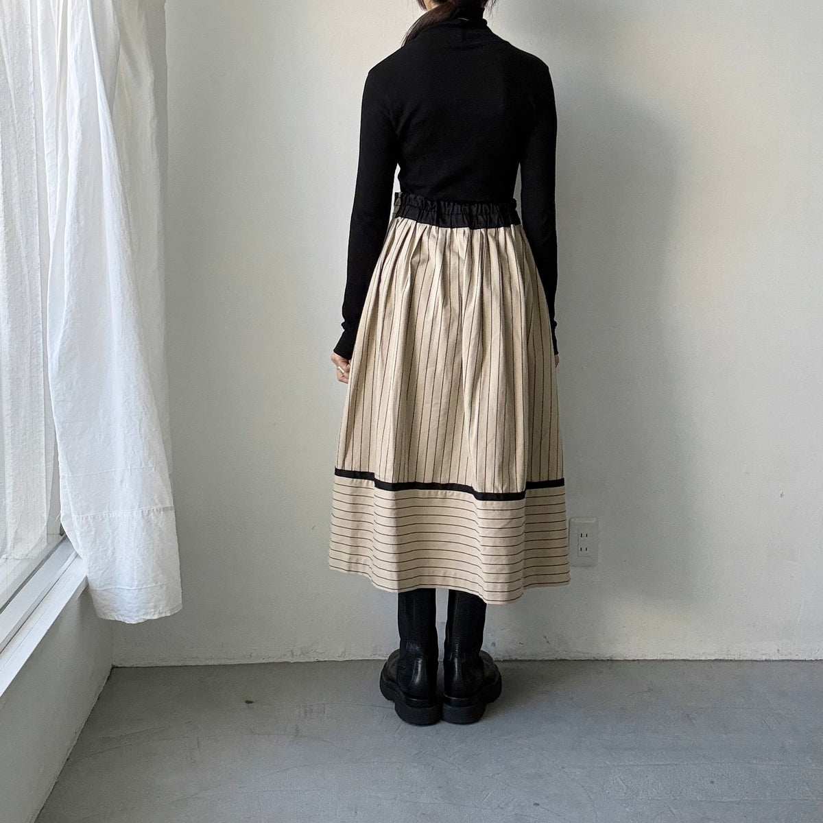 MAGALI コットンシルクストライプラップ風スカート　