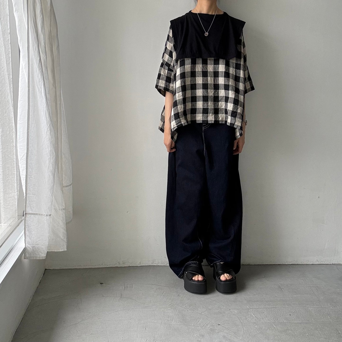 jujudhau ビッグチェックリネンワイドシャツ