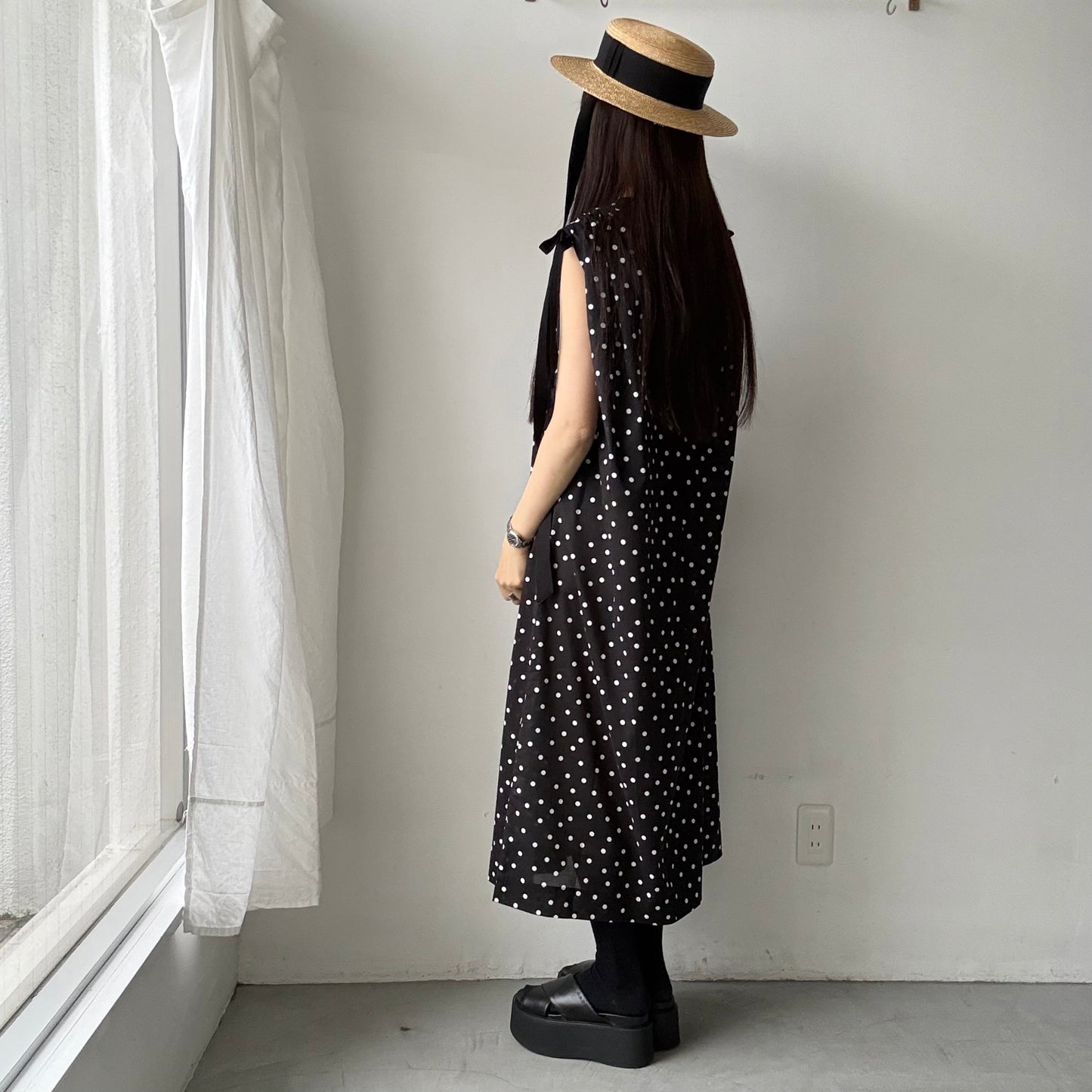 cion  コットン水玉ショルダーリボンワンピース