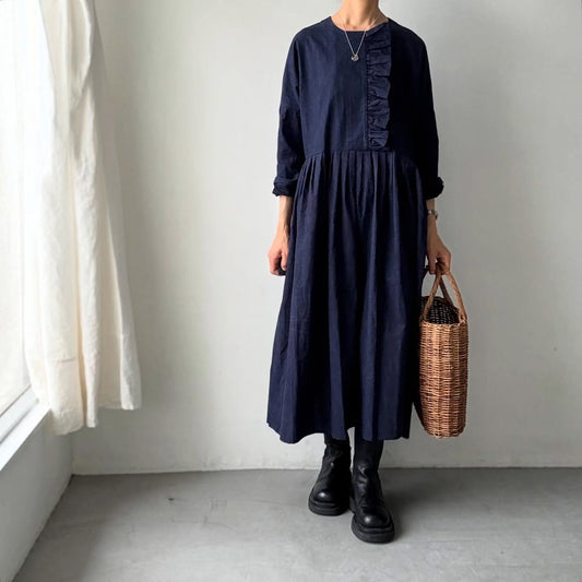 MAGALI インディゴコットンリネンフリルワンピース