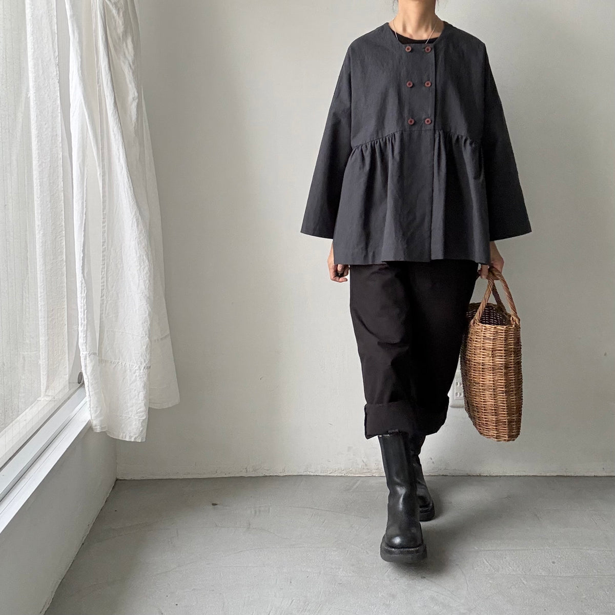 MAGALI  コットンリネンオーバーダイダブルボタンジャケット　チャコール