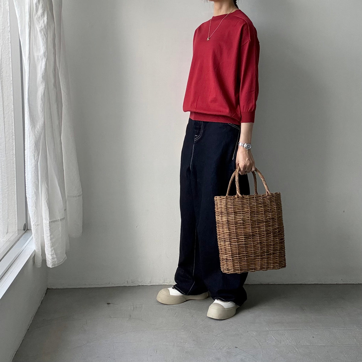as it is.クルーネック7分袖コットンニット　レッド