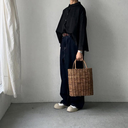 Linenya  コットン丸襟長袖ブラウス　ブラック