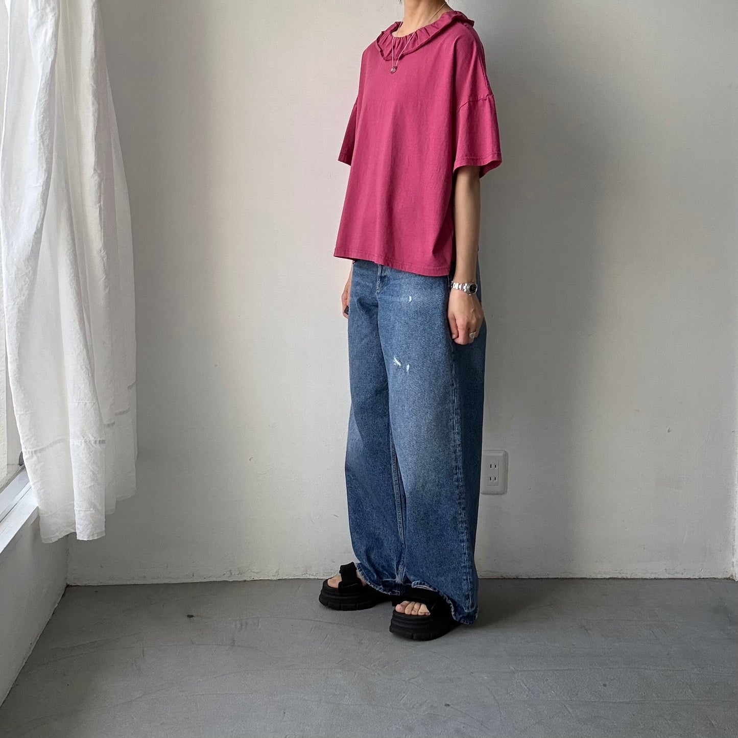 homspun 天竺フリルカラー半袖プルオーバー　ワイン