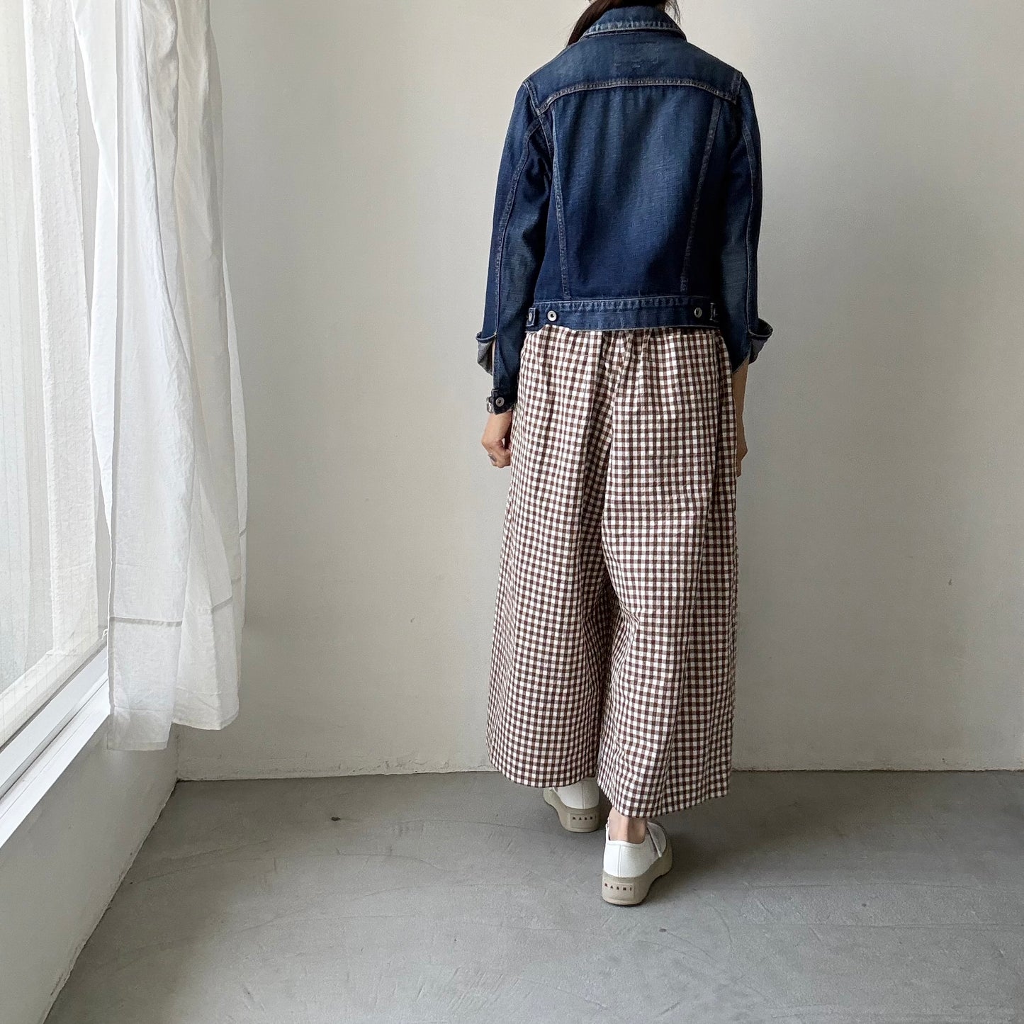 R&D.M.Co 　ギンガムチェックワイドゴムパンツ　ブラウン