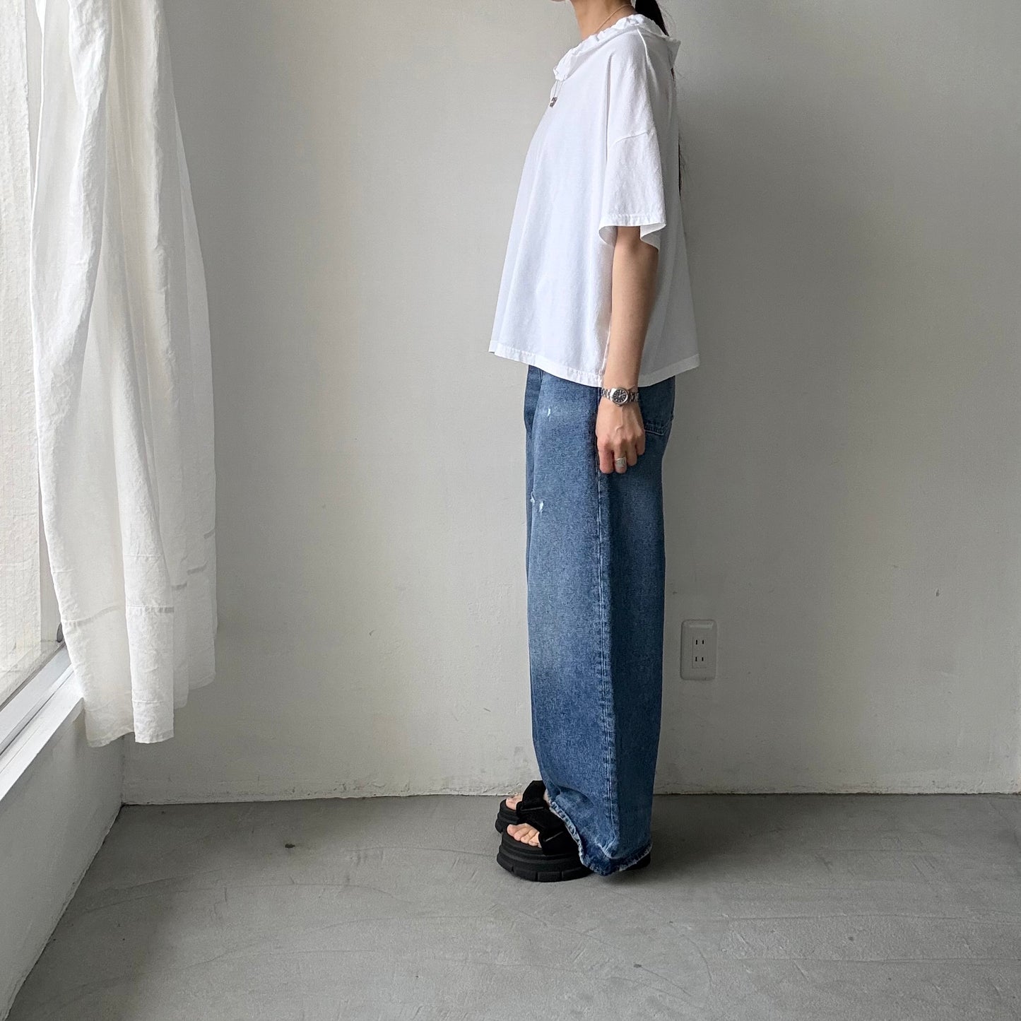 homspun 天竺フリルカラー半袖プルオーバー　ホワイト