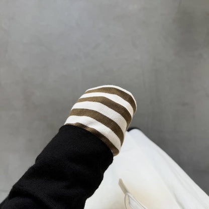 R&D.M.Co 裏起毛ボーダークルーネック長袖Tシャツ　ホワイト×カーキ