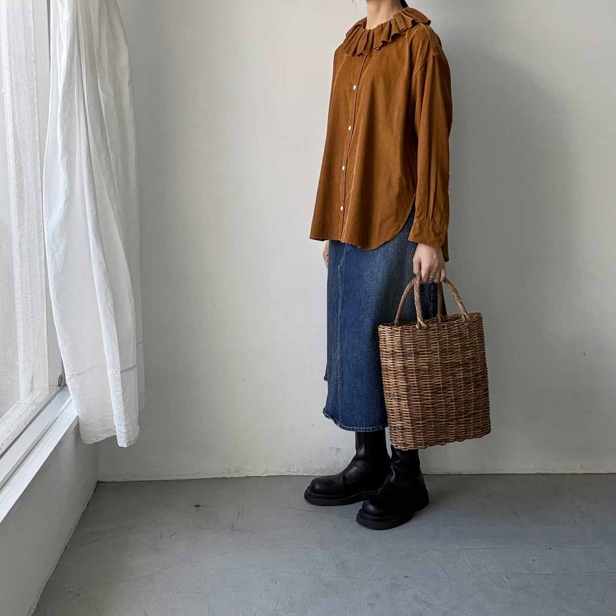 R&D.M.Co  コットンレーヨンシャツコールラッフルカラーシャツ