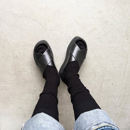 homspun コットンウールかのこ編みハイソックス　ブラック