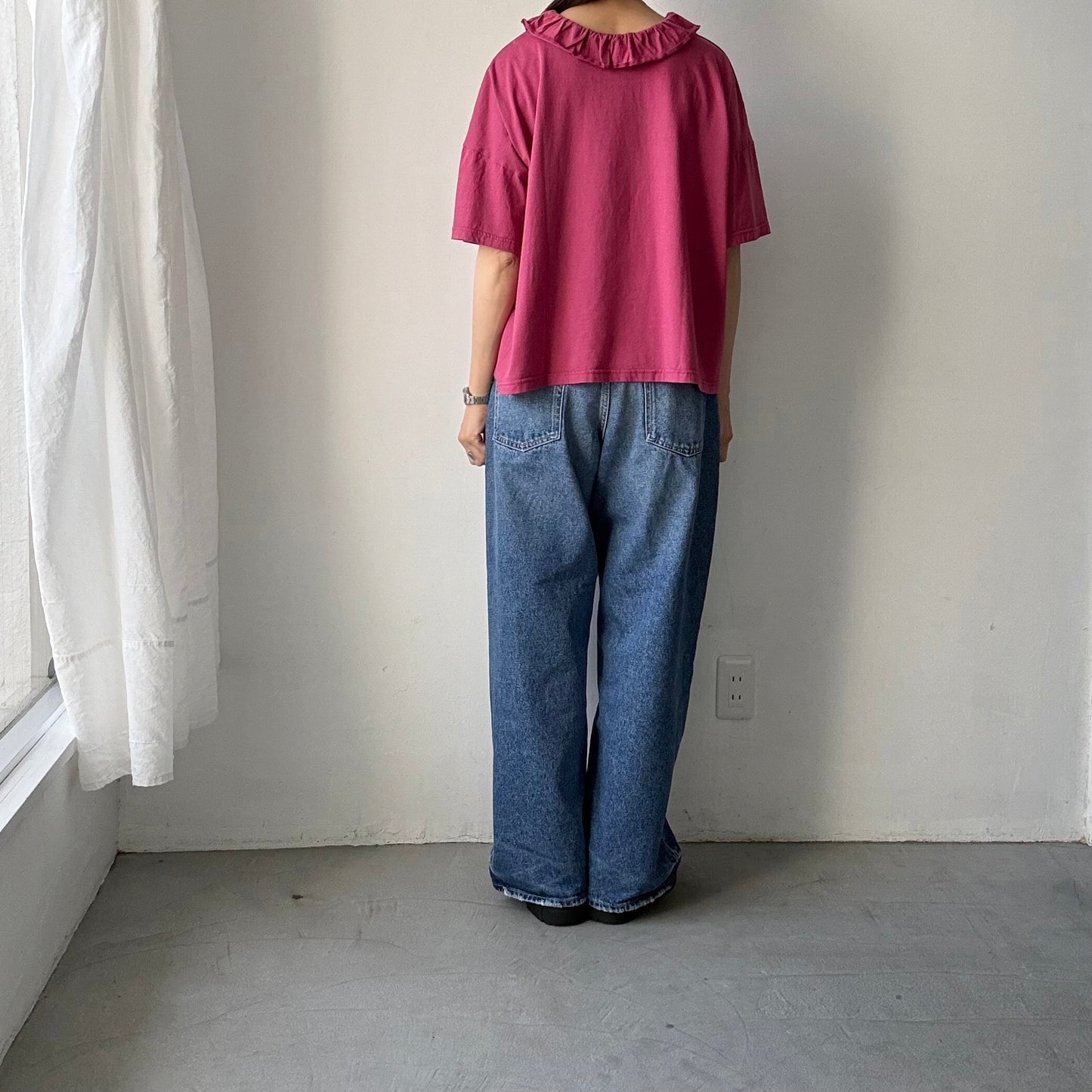 homspun 天竺フリルカラー半袖プルオーバー　ワイン
