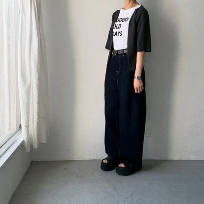 F/style  綿麻ニット5分袖カーディガン　スミ
