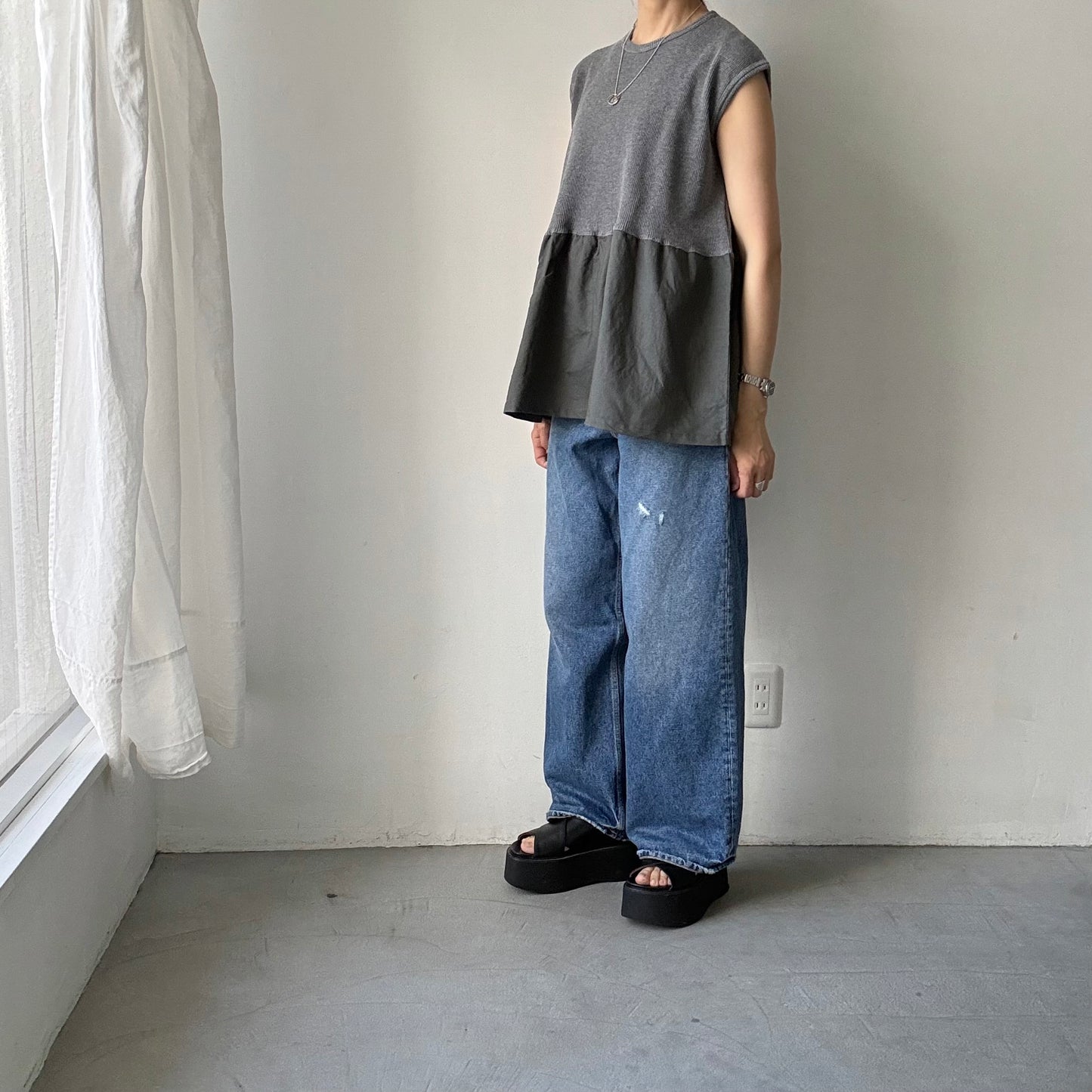 homspun  ワッフルノースリーブプルオーバー　トップグレー×グリーン