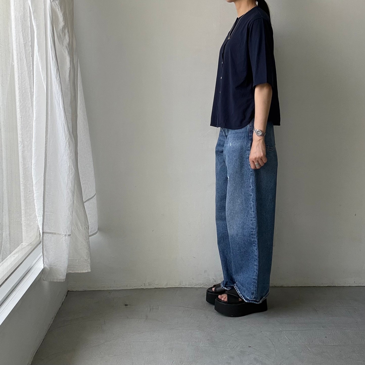 homspun 天竺5分袖カーディガン　ネイビー