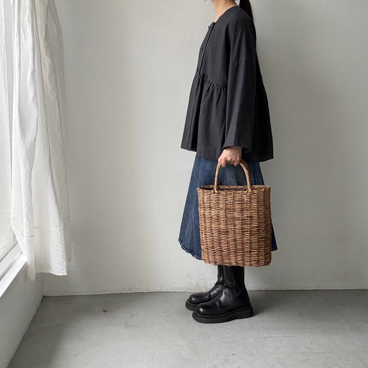 MAGALI  コットンリネンオーバーダイダブルボタンジャケット　チャコール