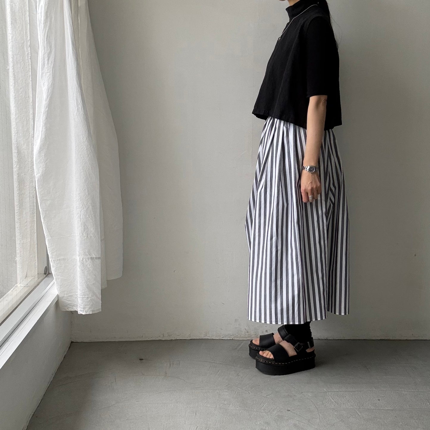 ayanoguchiaya　ストライプタックワイドスカート(blanc別注)
