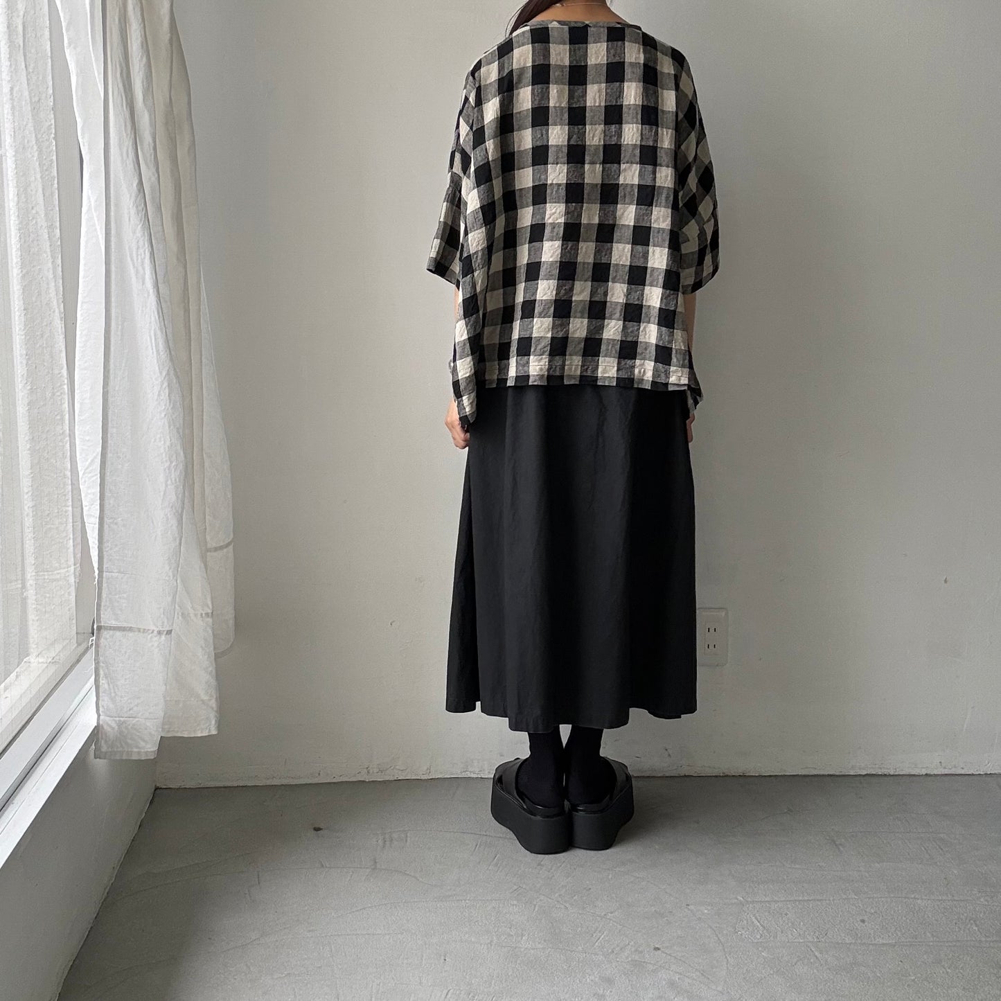 jujudhau ビッグチェックリネンワイドシャツ