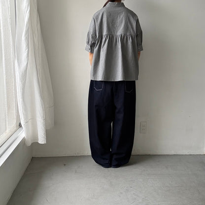 Linenya  コットン半袖スタンドカラーブラウス