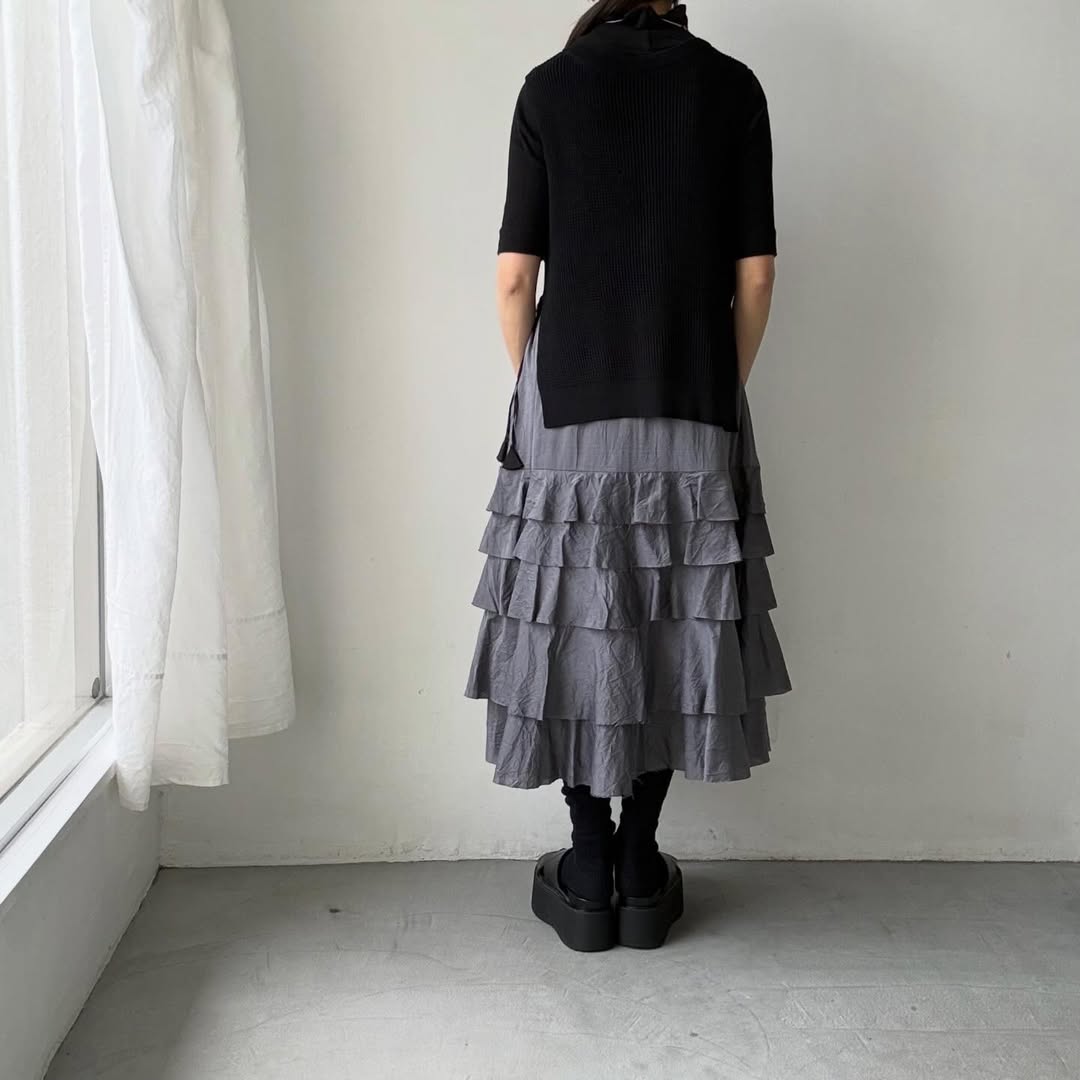 MAGALI コットンシルクブレイドティアードスカート　グレー