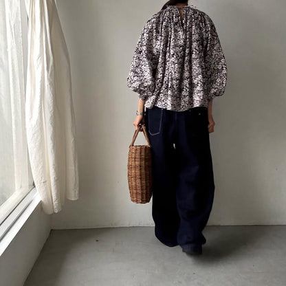 R&D.M.Co ワイルドベリーリネンギャザースモック　ブラック×ホワイト