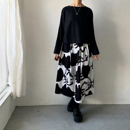 ayanoguchiaya　ネコ柄タックワイドスカート(blanc別注)