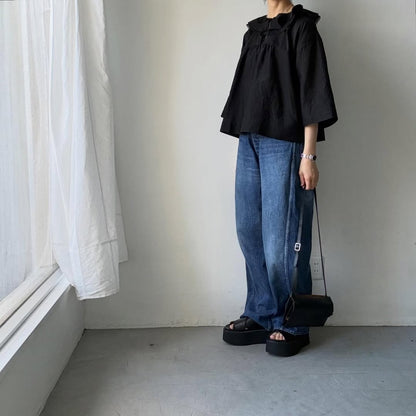 MAGALI コットンシルクブレイドフリルカラーブラウス　ブラック