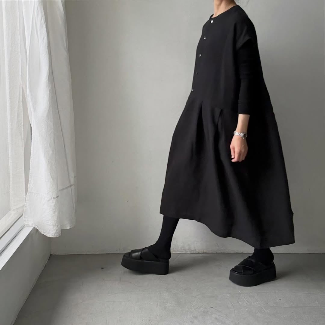 Linenya  リネンフレンチスリーブワンピース　ブラック