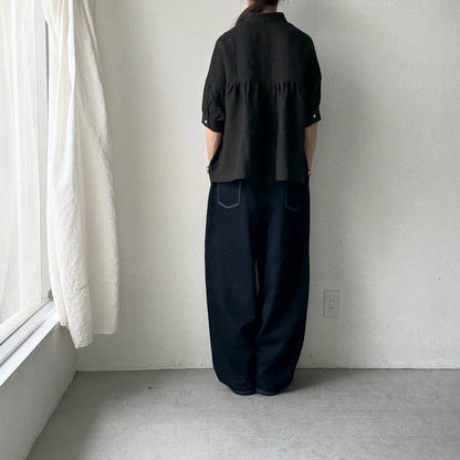Linenya  リネン半袖スタンドカラーブラウス　ブラック