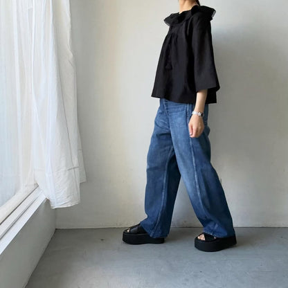 MAGALI コットンシルクブレイドフリルカラーブラウス　ブラック